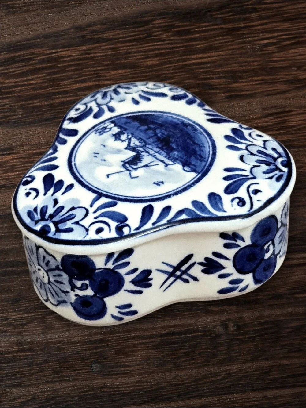 Vintage Dutch Delft Blue Trinket Box Porcelain Clover Shape DAIC Holland Gift